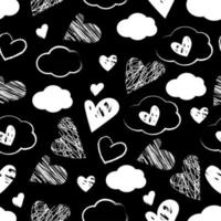 Seamless cute pattern with white hand drawn hearts and clouds on a black background for Valentine Day, wedding, party. Love symbol and elements for wrapping paper vector