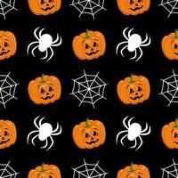 Cute dark seamless pattern with pumpkins, cobwebs and spiders. Halloween party decoration. Vegetable print with a smirk. Festive background for paper, textile, holiday and design vector
