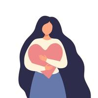 A woman hugs a heart, a symbol of self-love, body positive, female strength. A girl with long dark hair, a light blouse and a blue skirt. Vector flat illustration of one isolated person