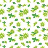 Seamless pattern of lime slices and mint leaves on a white background. A set of citrus fruits for a healthy lifestyle. Vector flat illustration of useful food