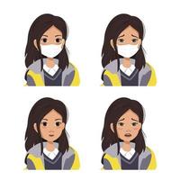 A girl with dark hair in a coat and a yellow scarf with emotions of joy and sadness. A set with and without medical masks. Caring for health during a pandemic and isolation. Safety during covid-19 vector