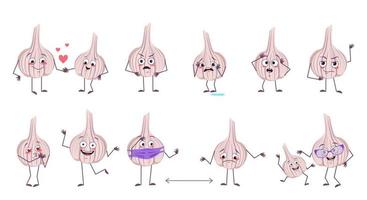 Set of cute garlic characters with emotions, funny and sad faces. Happy heroes in love, vegetables play, dance, keep their distance. Source of vitamins vector