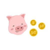 National pig day. Pink pig head and gold coins icon. Cute funny animal. The symbol of the spring holiday of March and the savings of money. Flat vector graphics