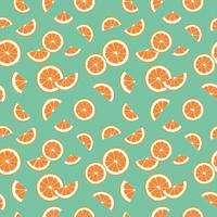 Seamless bright spring and summer pattern with oranges, tangerines and slices on a green background. A set of citrus fruits for a healthy lifestyle. Vector flat illustration of healthy food
