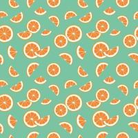 Seamless bright spring and summer pattern with oranges, tangerines and slices on a green background. A set of citrus fruits for a healthy lifestyle. Vector flat illustration of healthy food