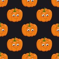 lindo patrón transparente oscuro con calabazas, cara y sonrisa. decoración de fiesta de halloween. estampado vegetal con una sonrisa. Fondo festivo para papel, textil, vacaciones y diseño. vector