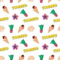 Bright seamless pattern with summer items. Vector print with cacti, shells and ice cream for the holiday, vacation, travel. Suitable for wrapping paper, textiles and other designs.