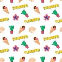 Bright seamless pattern with summer items. Vector print with cacti, shells and ice cream for the holiday, vacation, travel. Suitable for wrapping paper, textiles and other designs.