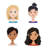Different emotions of a blonde, brunette girl and girls of different nationalities. Happy, sad, surprised, joyful, distressed, angry facial expressions. With straight, curly hairstyles, short and long hair, a bun. vector