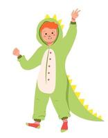Children pajama party costume. Kid wearing jumpsuit or kigurumi isolated on white background. Carnival costume vector