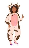 Girl in cow carnival costume. Children pajama party. Kid wearing jumpsuit or kigurumi vector