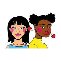 mujer de cabello negro y pareja de niña afro estilo pop art de moda vector
