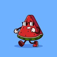 Lindo personaje de fruta de sandía caminando con anteojos. concepto de icono de personaje de fruta aislado. estilo de dibujos animados plana vector