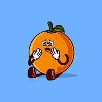 lindo personaje de fruta naranja sentado y llorando. concepto de icono de personaje de fruta aislado. estilo de dibujos animados plana vector