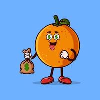 Cute Orange fruit character with money eyes and holding money bag. Fruit character icon concept isolated. Emoji Sticker. flat cartoon style Vector