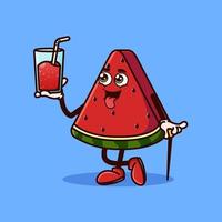 Cute Watermelon fruit character with Watermelon juice on hand. Fruit character icon concept isolated. flat cartoon style vector