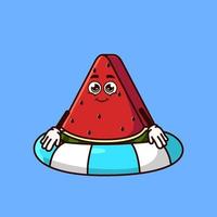 lindo personaje de fruta de sandía con flotador de anillo de natación. concepto de icono de verano de frutas aislado. estilo de dibujos animados plana vector