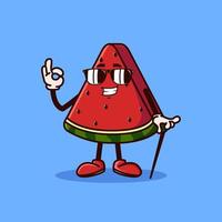 Lindo personaje de fruta de sandía con gafas y gesto de mano ok. concepto de icono de personaje de fruta aislado. estilo de dibujos animados plana vector