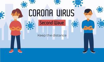 cartel de la segunda ola del virus corona con partículas y pareja con máscaras médicas vector