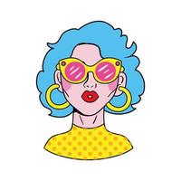 mujer con cabello azul y gafas de sol icono de estilo pop art vector