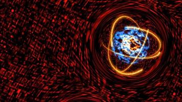 réflexion quantique lumière rouge noyau et animation par ordinateur futuriste abstrait avec infinité d'atome d'énergie orange en mouvement, rotation et zoom arrière video