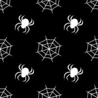 Cute seamless pattern with white cobwebs and spiders on a black background. Halloween party decoration. Bright print for paper, textiles and design vector