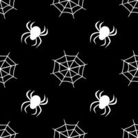 Cute seamless pattern with white cobwebs and spiders on a black background. Halloween party decoration. Bright print for paper, textiles and design vector