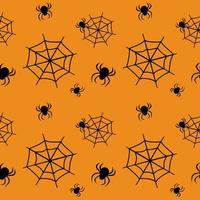Cute seamless pattern with black cobwebs and spiders on an orange background. Halloween party decoration. Bright print for paper, textiles and design vector