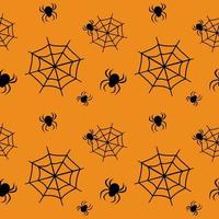 lindo patrón transparente con telarañas negras y arañas sobre un fondo naranja. decoración de fiesta de halloween. impresión brillante para papel, textiles y diseño vector