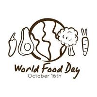 world food day celebration lettering with planet and food around line style vector