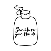 sanitize your hands campaign lettering with soap bottle and hearts line style vector