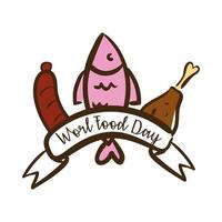 world food day celebration lettering with fish and meat flat style vector