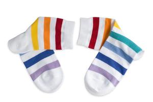 white socks in stripes of different colors on a white background, isolate photo