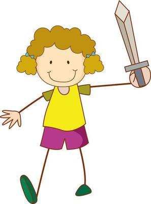 A doodle kid holding a sword cartoon character isolated