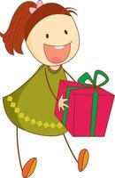 A doodle kid holding a gift box cartoon character isolated vector