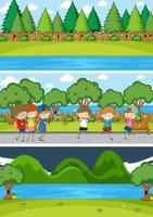 Set of different horizontal scenes background with doodle kids cartoon character vector