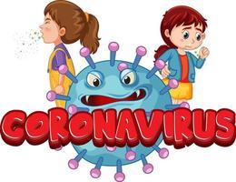 Diseño de fuente de coronavirus con icono covid19 y personaje de dibujos animados de niños aislado sobre fondo blanco vector