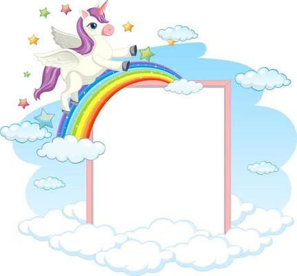 Blank banner with cute pegasus cartoon character isolated on white background