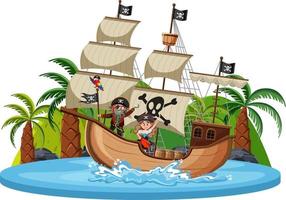 Pirate ship on island with many kids isolated on white background vector