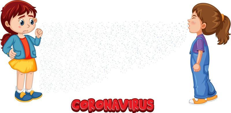 Coronavirus font in cartoon style with a girl look at her friend sneezing isolated on white background