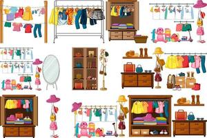 Set of clothes, accessories and wardrobe isolated on white background vector