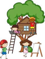 casa del árbol con muchos niños haciendo diferentes actividades. vector