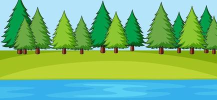 Escena de paisaje de parque vacío con muchos árboles y río vector