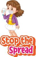Stop the Spread font with a girl wearing mask isolated on white background vector