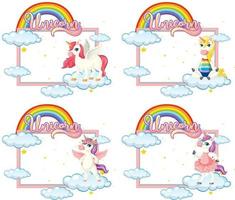 Set of empty banner with cute unicorn cartoon character on white background vector