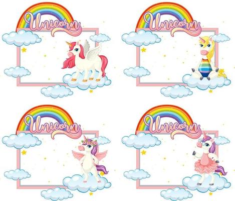 Set of empty banner with cute unicorn cartoon character on white background