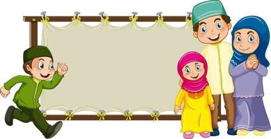Blank wooden frame with happy muslim family cartoon character vector