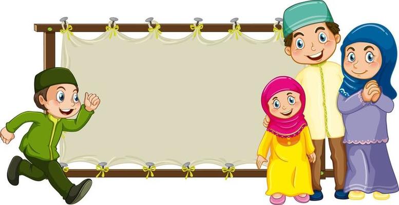 Blank wooden frame with happy muslim family cartoon character