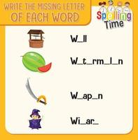 Write the missing letter of each word worksheet for children vector