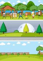 Conjunto de fondo de diferentes escenas horizontales con personaje de dibujos animados de niños doodle vector